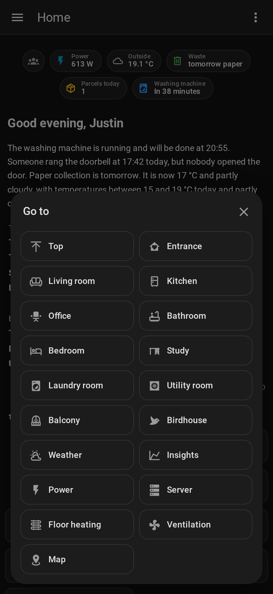 The section menu opened over the dashboard, with a button for every room and section.