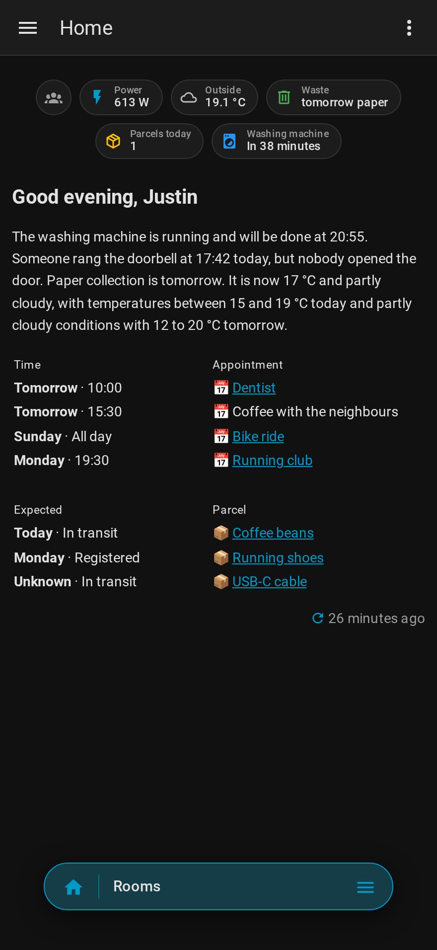 The top of a Home Assistant dashboard on a phone: badges for power, outside temperature, waste collection and the washing machine, a short welcome text, and a table of appointments and parcels.