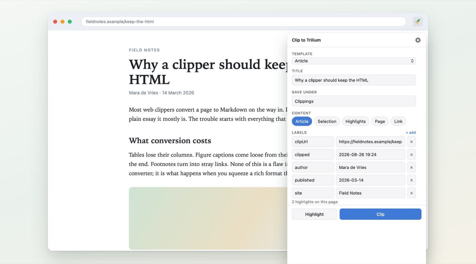 De pop-up van Tri Clipper in Safari met de clipmodi.