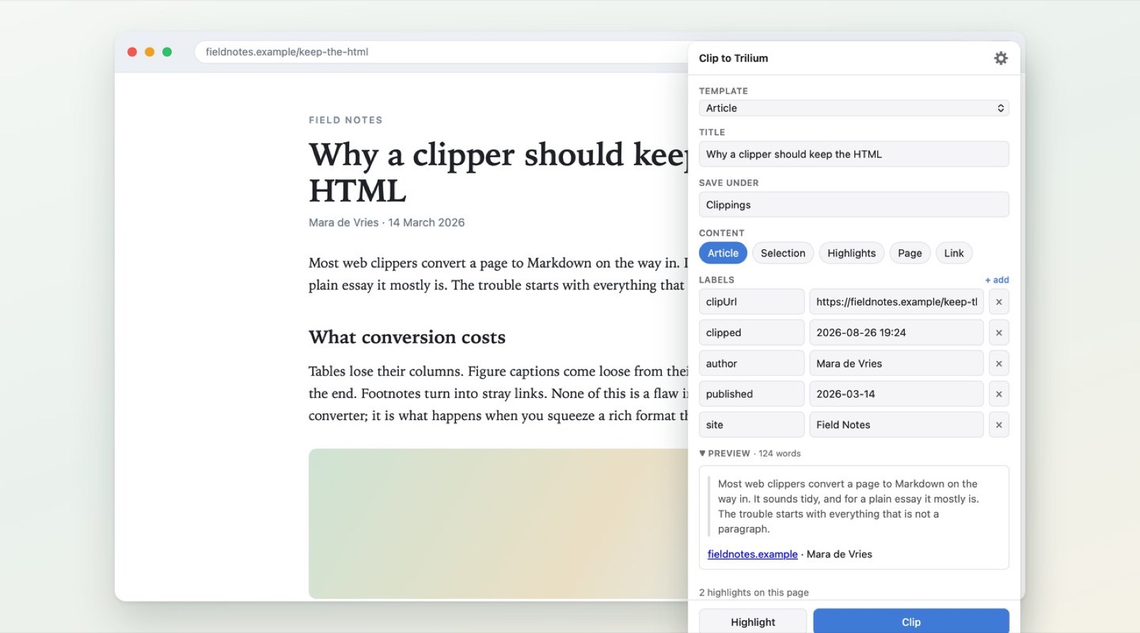 Tri Clipper in Safari: een voorvertoning van de notitie voordat hij naar Trilium wordt verstuurd.