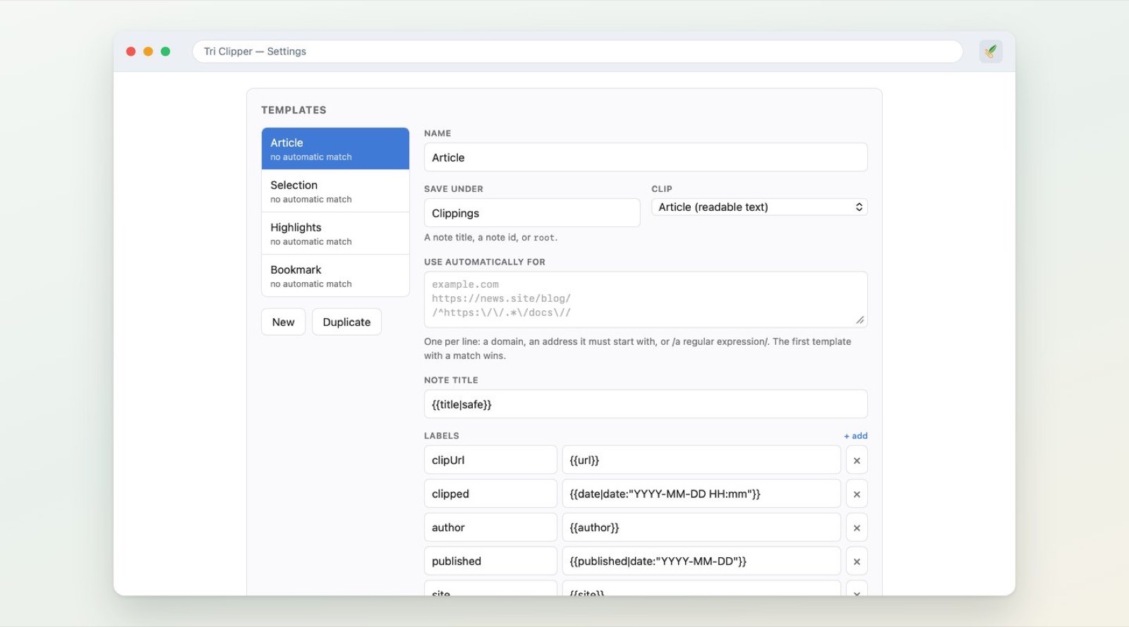 De sjablooneditor van Tri Clipper met sites, titel en labels.