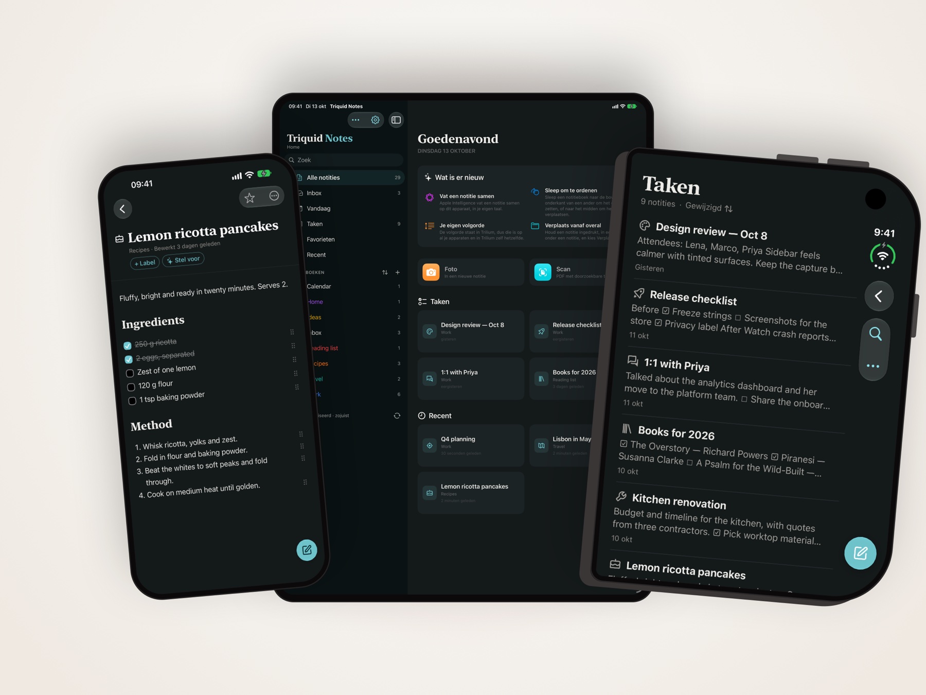 Triquid Notes op iPhone, iPad en de dichtgevouwen iPhone Duo.
