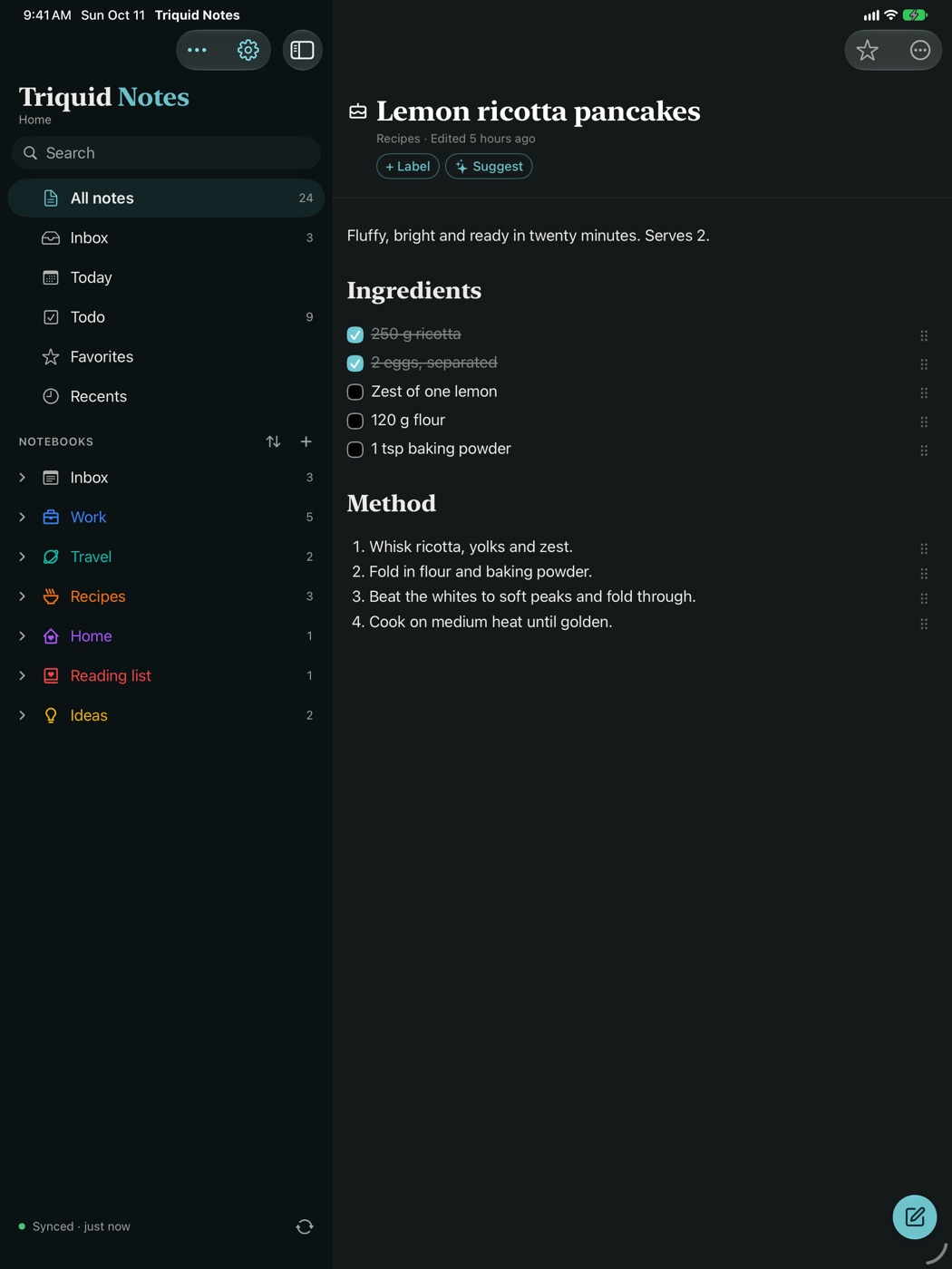Triquid Notes on iPad in dark mode: a recipe note with a checklist of ingredients.