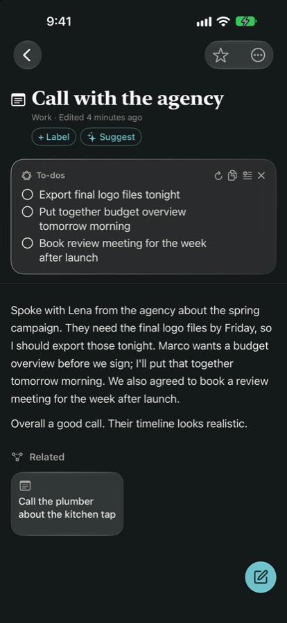 Triquid Notes on iPhone: Apple Intelligence lists the to-dos found in a note about a call, ready to add as a checklist.