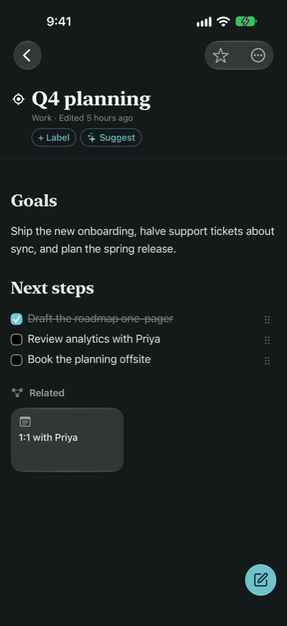 Triquid Notes on iPhone: a planning note with goals and next steps.