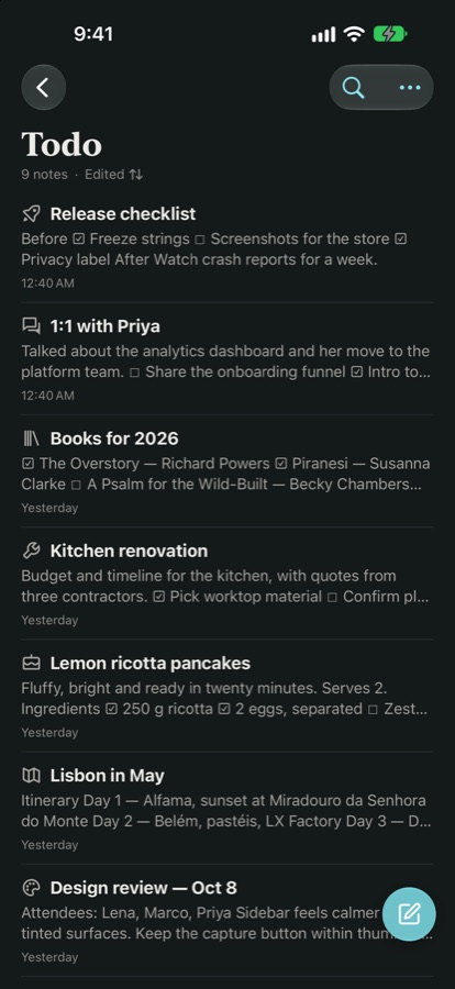 Triquid Notes on iPhone: every note with open to-dos in one list.